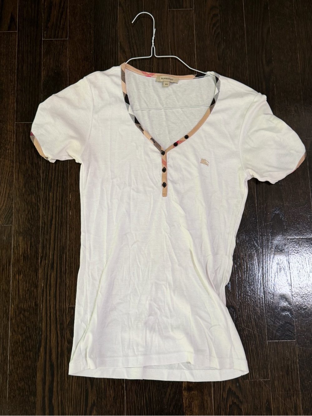 Women’s White Short-Sleeve V-Neck Henley Top plaid pattern
